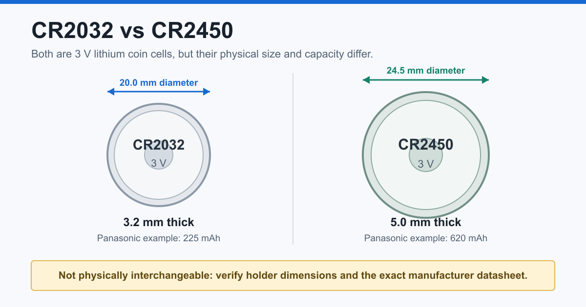 CR2032 and CR2450 coin cell size, thickness and capacity comparison
